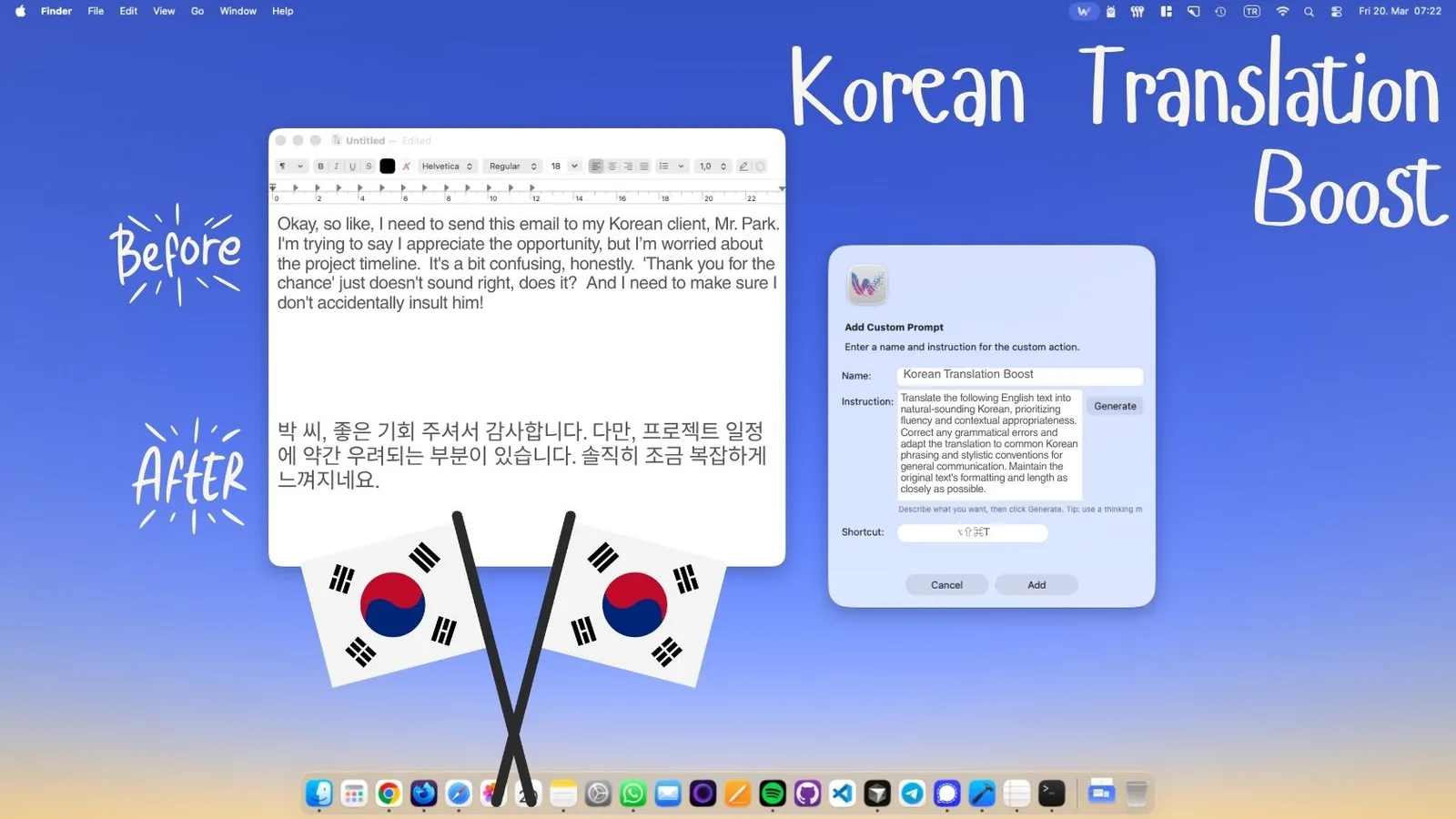 Translate to Korean on Your Mac — Honorifics, Hangul, and All