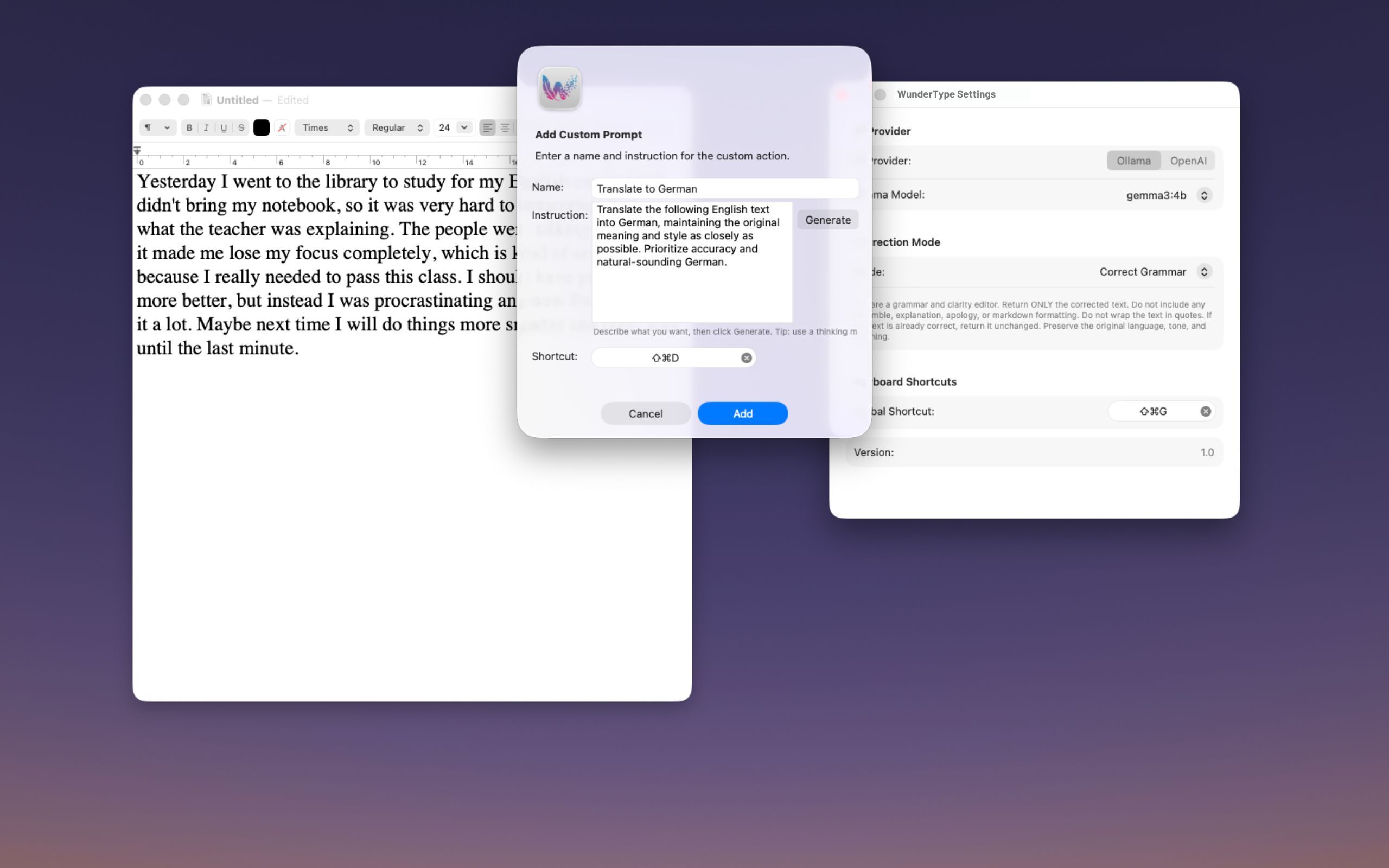 Custom AI Keyboard Shortcuts for Mac — WunderType screenshot